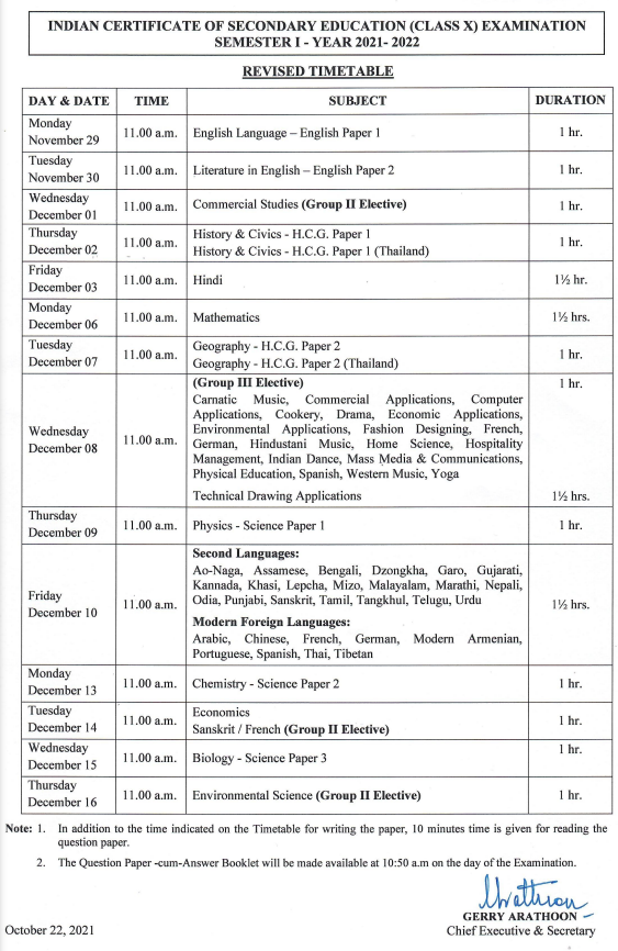 ICSE 10TH TIME TABLE 