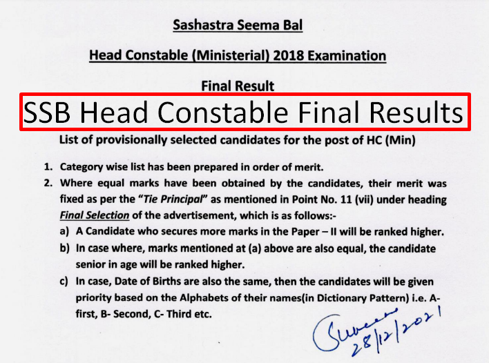 SSB HEAD CONSTABLE FINAL RESULT