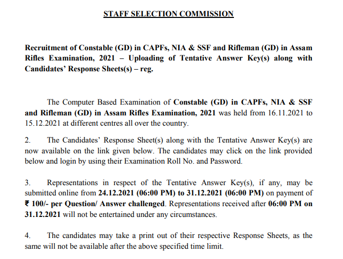 SSC GD CONSTABLE ANSWER KEY NOTICE