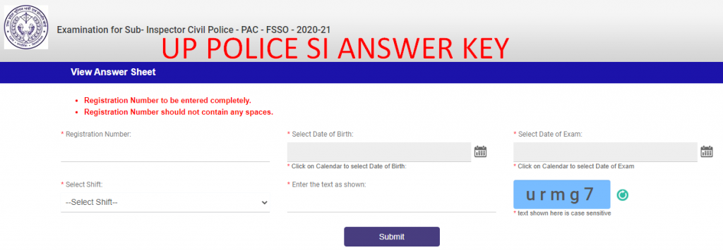 UP  POLICE SI ANSWER KEY