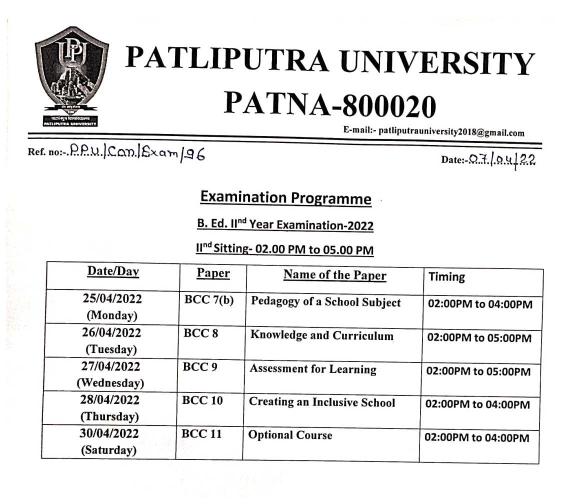 PPU BEd Part 1&2 Exam Date Sheet 2022 Download A to Z Classes