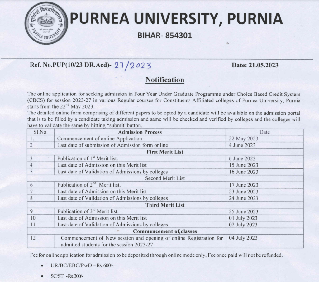 Purnea University UG Admission 2023