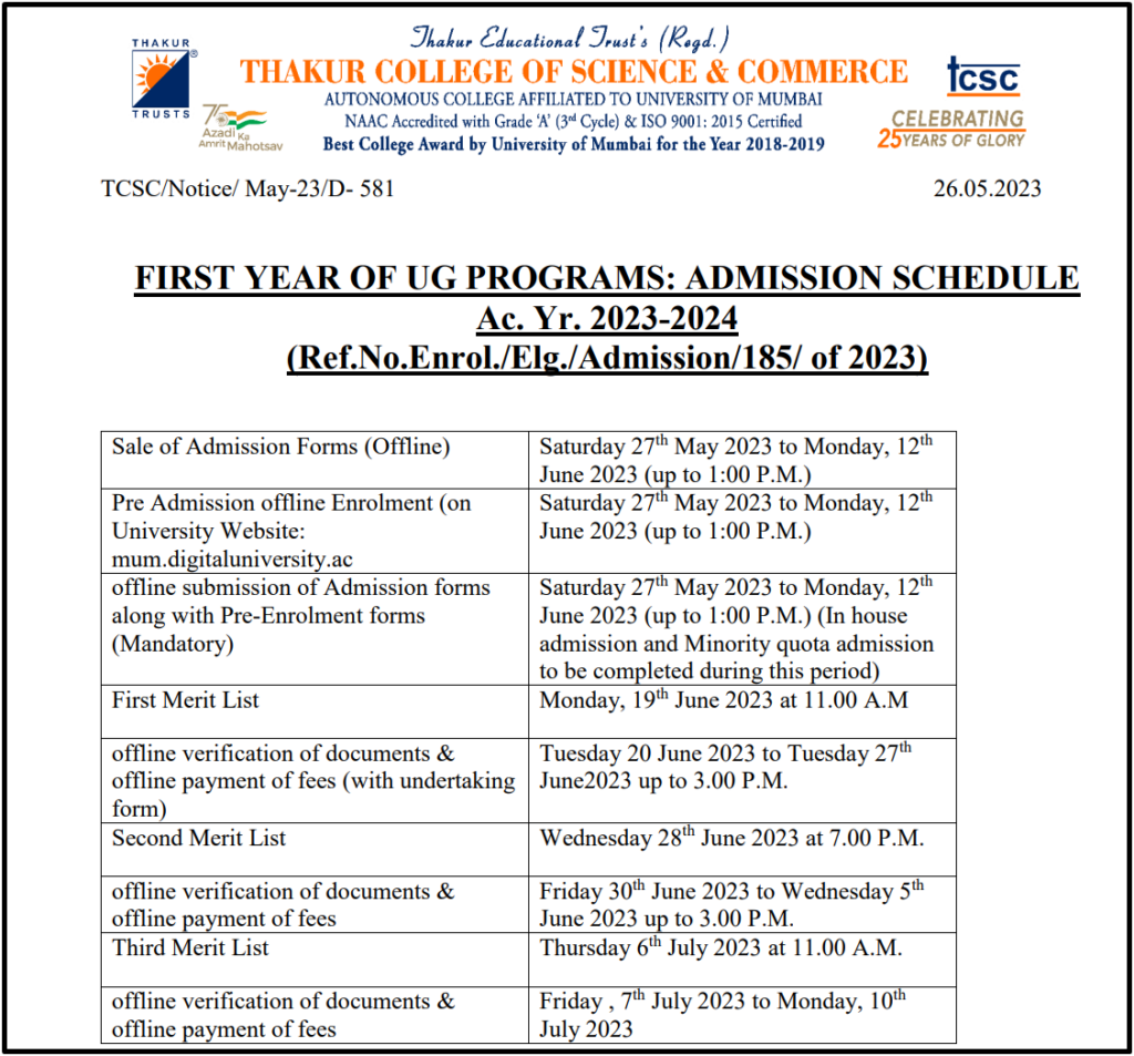 Thakur College First Year Admission Schedule