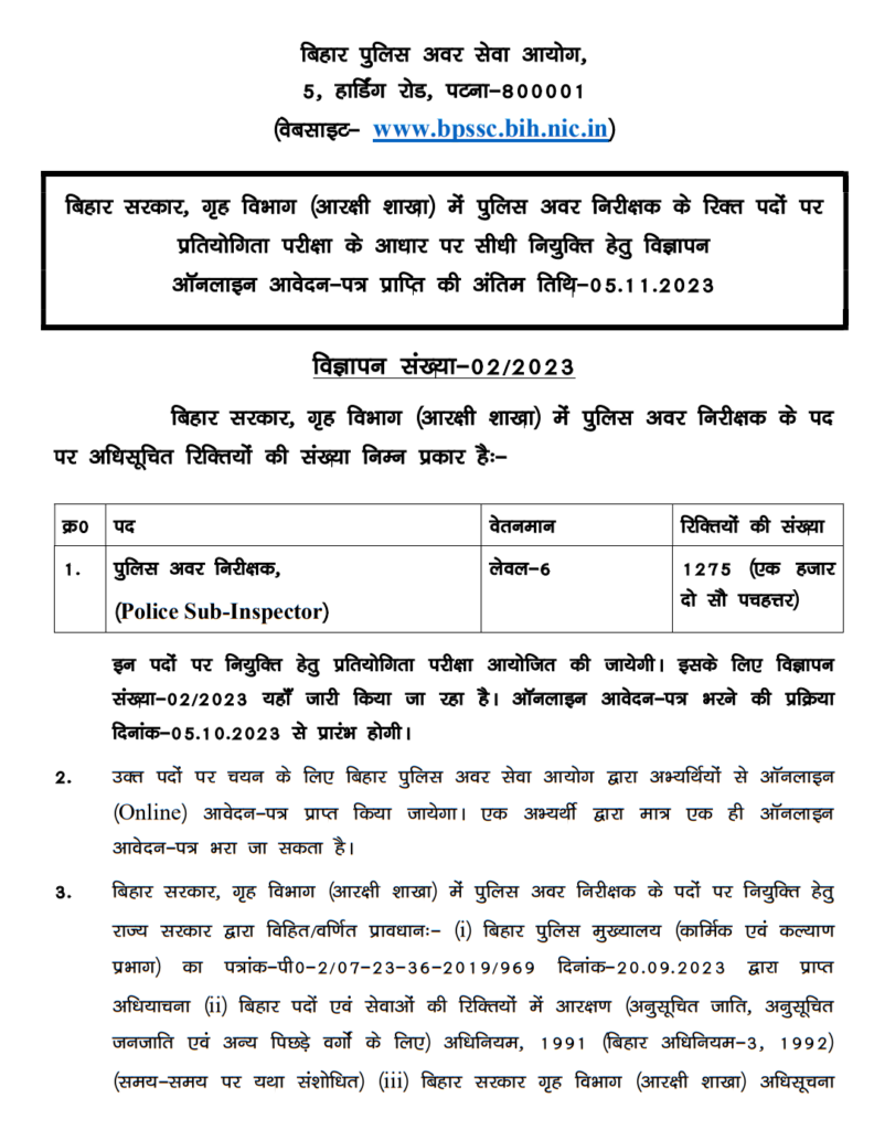 Bihar Police SI Vacancy Notification